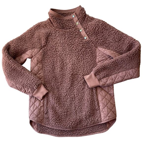 Abercrombie & Fitch Women Sherpa Fleece Pullover Small Brown Quilted Snap Neck - Picture 1 of 8